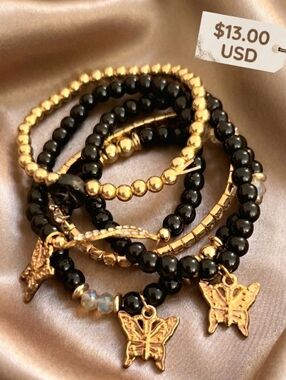 NEW Midnight Onyx & Gold Butterfly Stack Bracelets